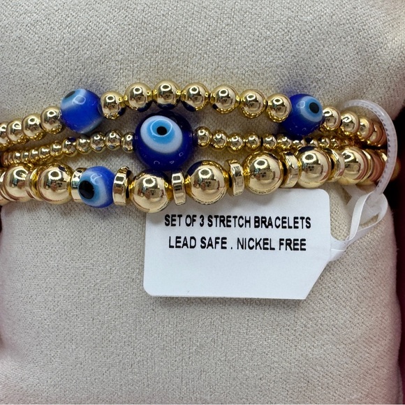 House of Harlow 1960 Gold Tone and Blue Evil Eye Bracelet Set - Picture 2 of 2